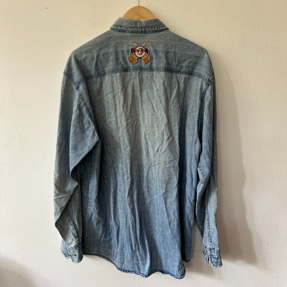 Hard Rock Cafe Denim Shirt Mens Large Blue Button Front Collared Embroidered VTG - Picture 6 of 6